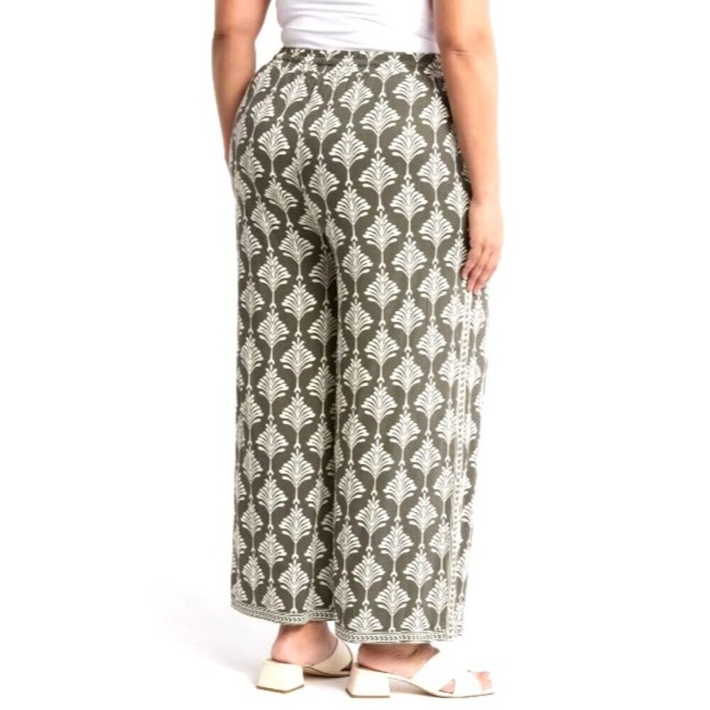 Max Studio Womens Green Cream Deco Pockets Wide Leg Casual Pants Plus Sz 2X New - Picture 2 of 8